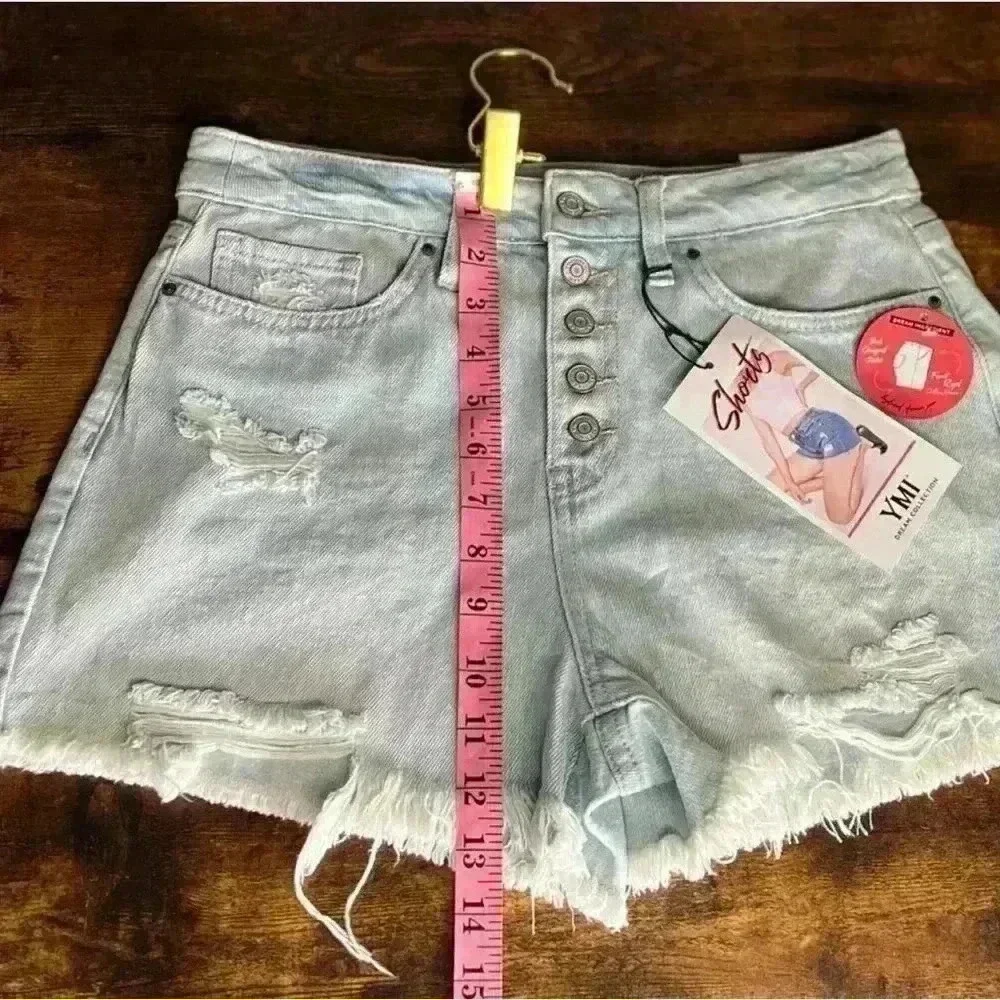 YMI Dream Distressed Button Fly Hybrid Denim Short in Celeste Blue. Size 9. NWT! - Picture 15 of 16